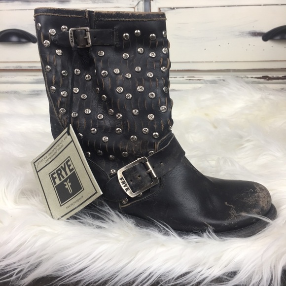 Frye Shoes - FRYE, JENNA BLACK LEATHER SHORT MOTO BOOTS SZ 5.5